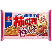 Kameda Kaki no Tane Ume Shiso 164g bag featuring purple plum illustrations and rice crackers with peanuts