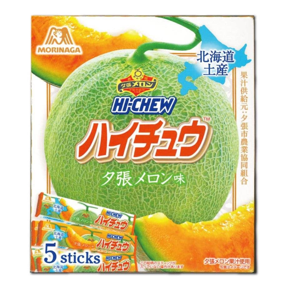 Morinaga Hi-Chew Yubari Melon 60-piece pack showing vibrant orange melon fruit and individually wrapped Japanese soft candies