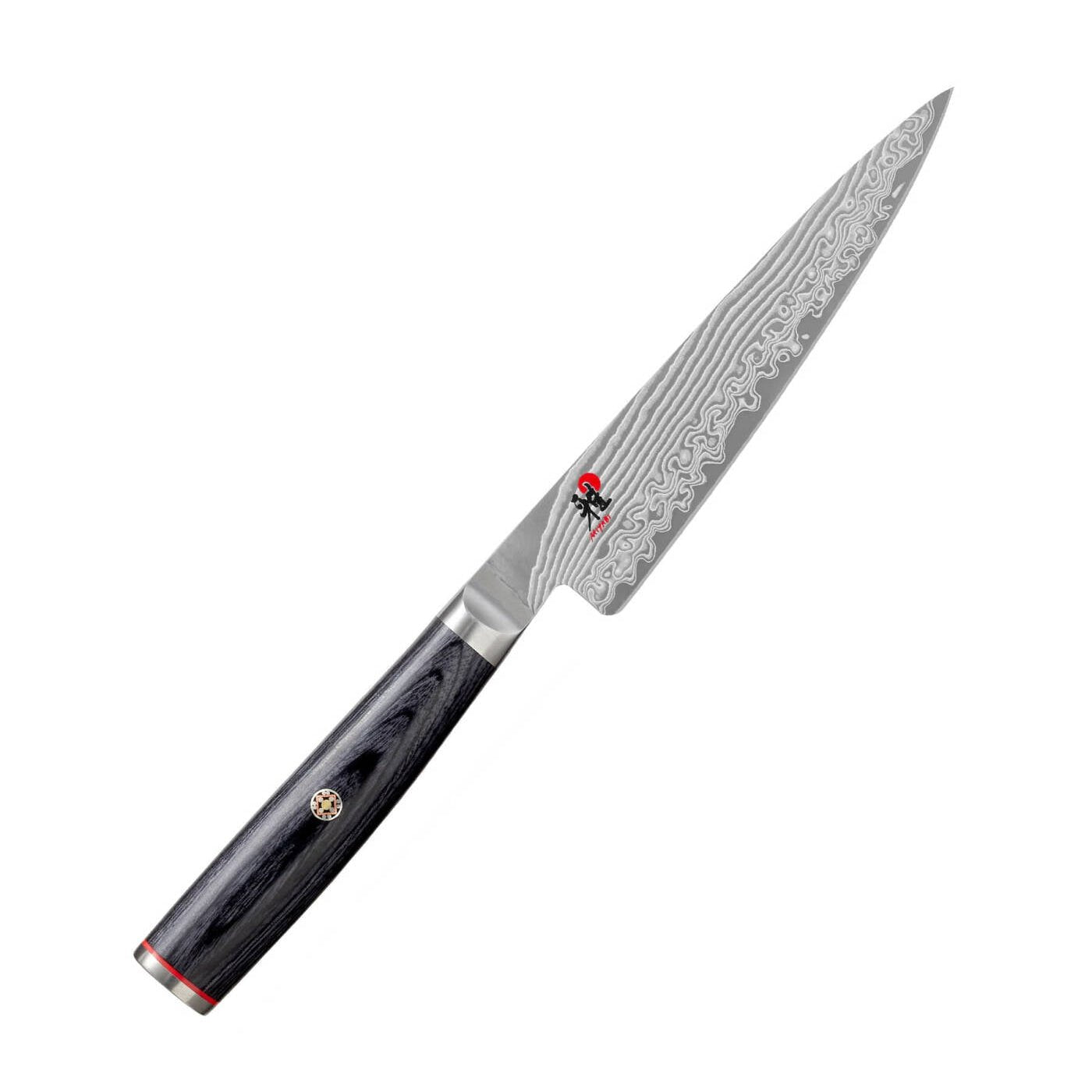 Miyabi 5000FCD 110mm Petty Knife featuring 49-layer Damascus steel blade and black D-shaped handle