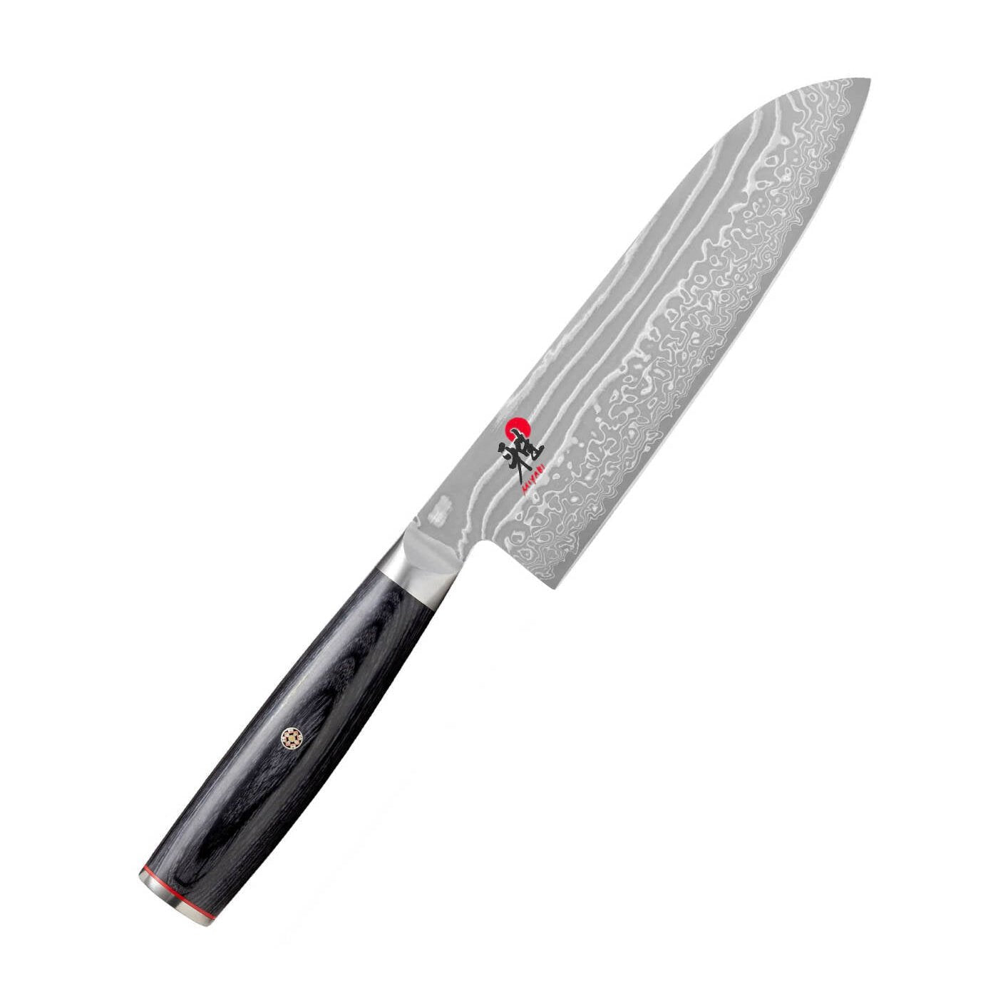 Miyabi 5000FCD 180mm Damascus Steel Santoku Knife with floral pattern and ergonomic black handle