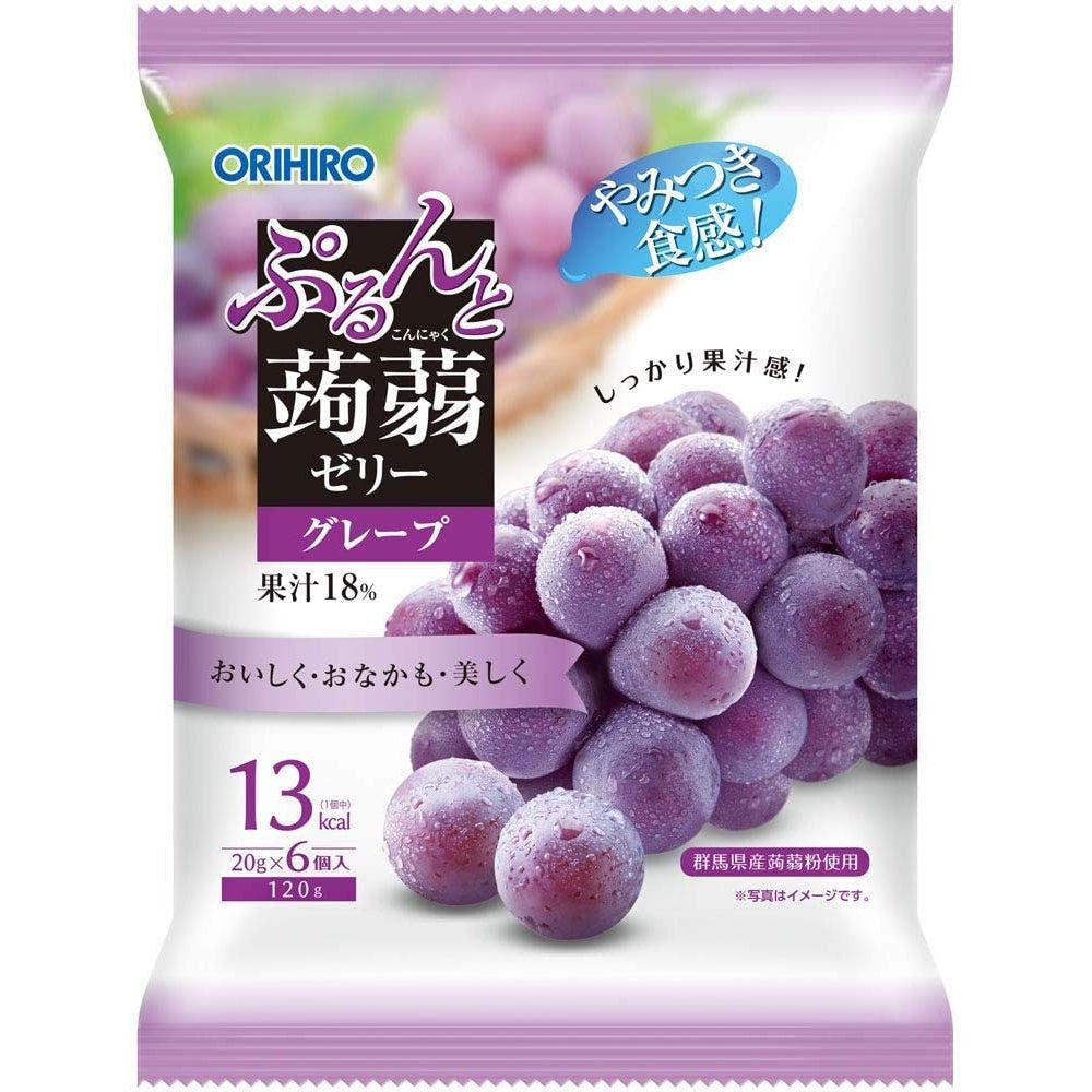 Orihiro Grape Flavor Konjac Jelly 120g Standing Pouch 6-Pack with realistic grape illustration