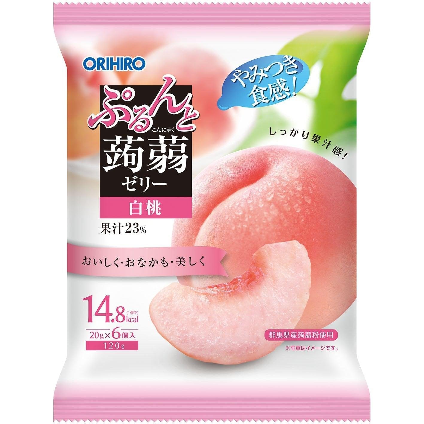 Orihiro Peach Konjac Jelly individual squeeze pouches in a 6-pack retail bag