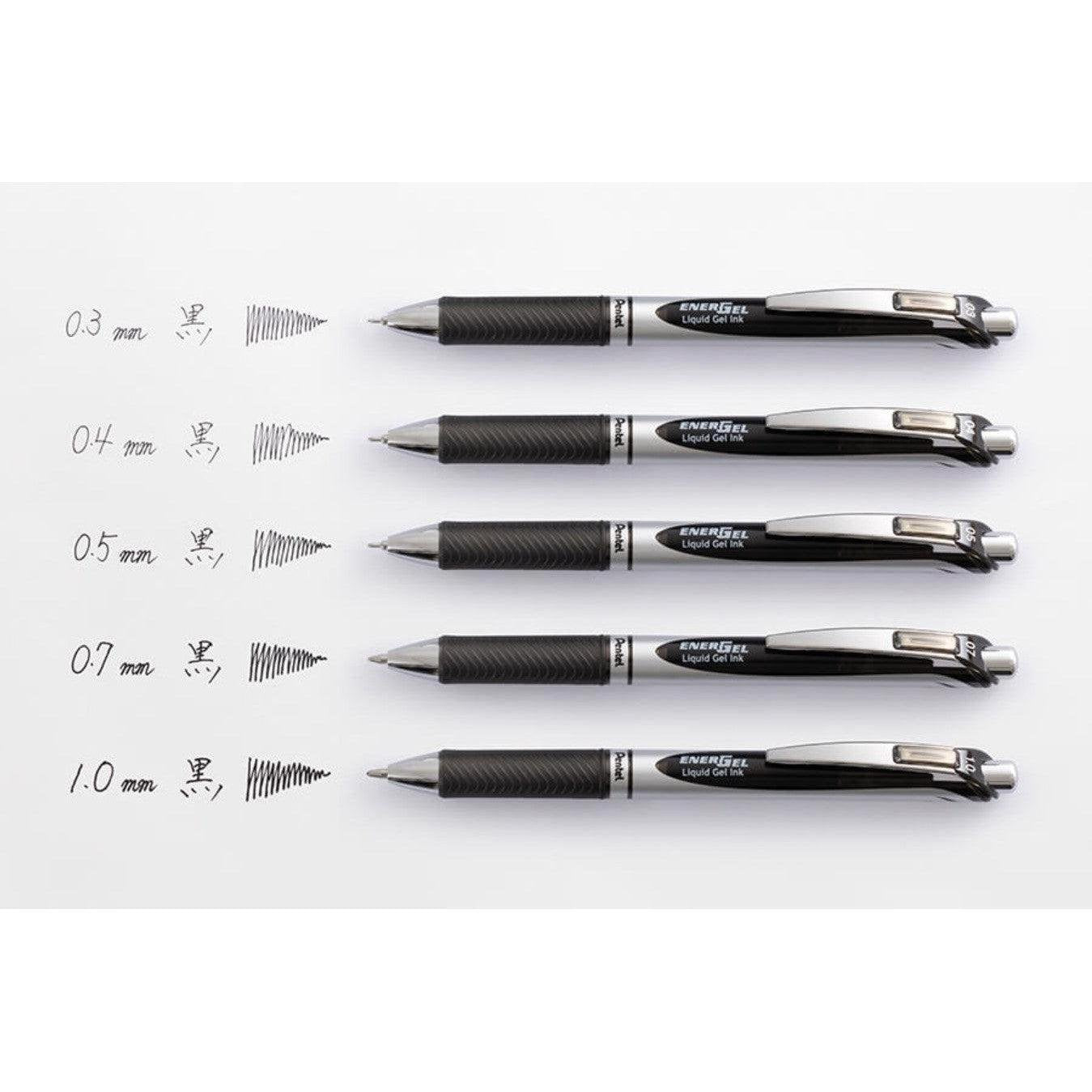 Pentel EnerGel RTX retractable liquid gel pens in various colors showing the sleek barrel and metal clip