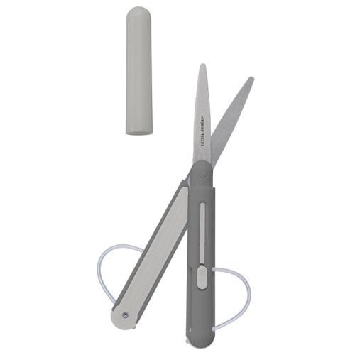 Raymay Fujii Pencut pen-style foldable scissors in a compact black and blue design with safety cap removed