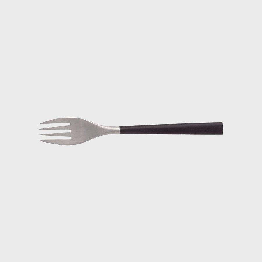 Sori Yanagi 190mm designer dessert fork featuring a stainless steel head and hand-finished dark birch wood handle