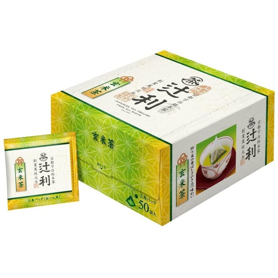 Box of 50 Tsujiri Japanese Genmaicha tea bags showing a steaming cup of tea and roasted rice ingredients