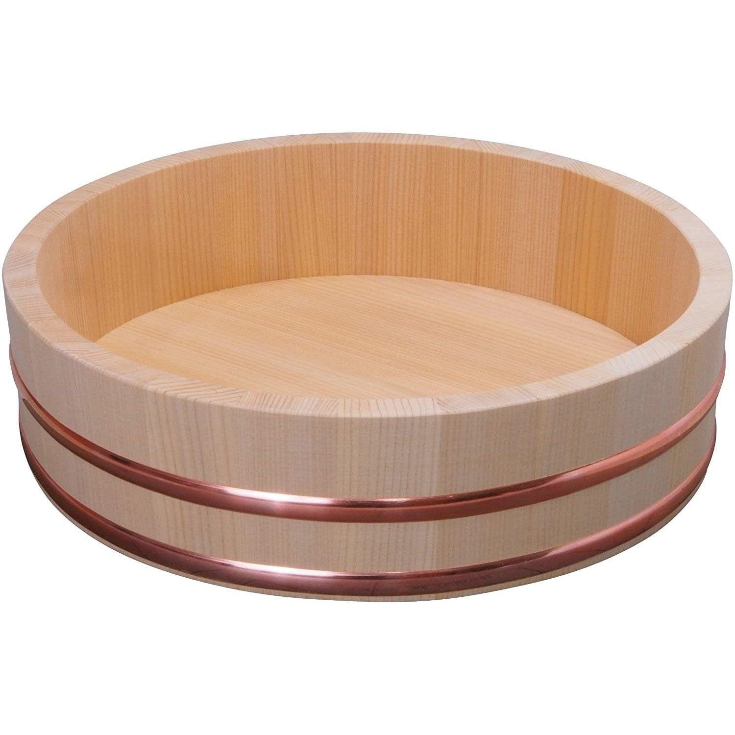 Authentic Umezawa 36cm Sawara Cypress Hangiri wooden sushi rice bowl with copper bands