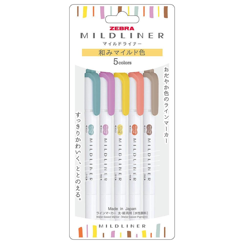 Zebra Mildliner Dual-Tip Highlighter Markers 5-color Soothing Set showing broad and fine tips