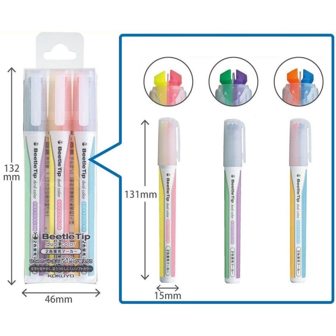Kokuyo Beetle Tip Dual Color Highlighter Set 3 Pens Colors