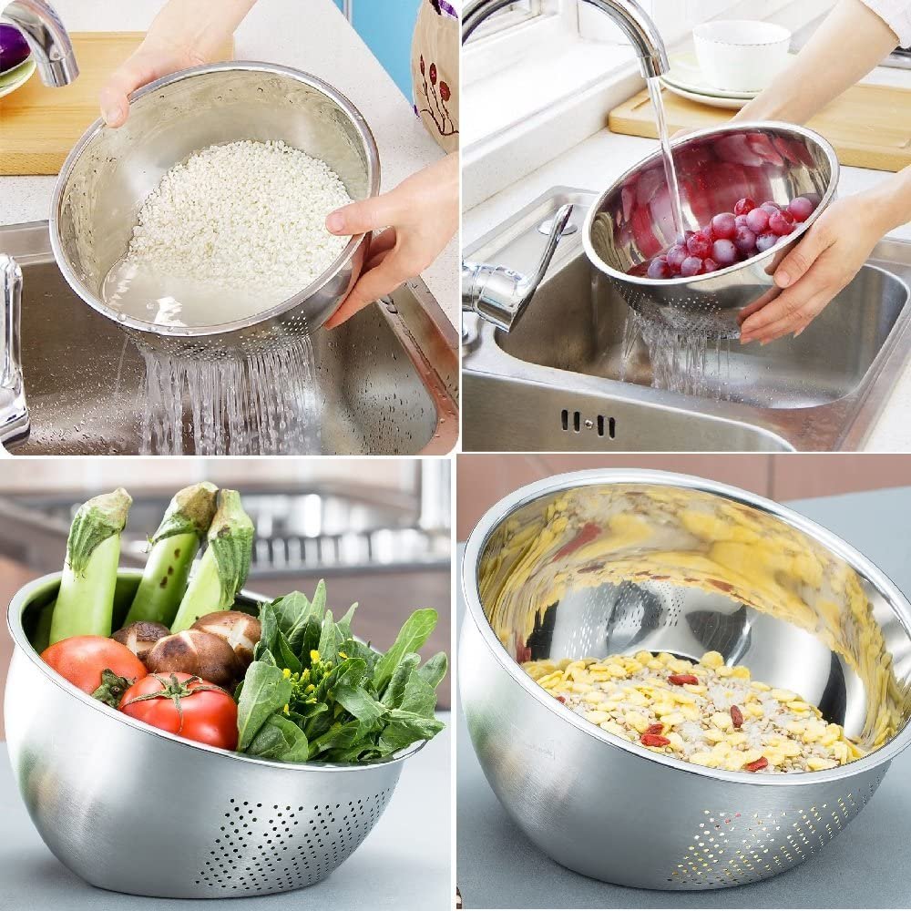 Premium 3‑Way Stainless Steel Rice Washing Bowl with Strainer