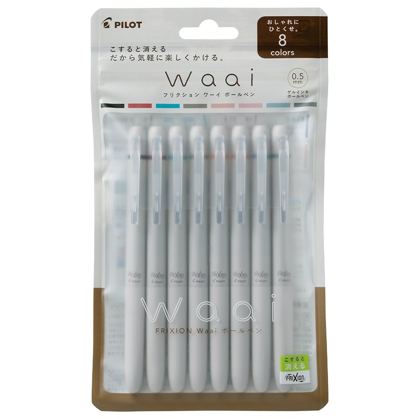Pilot Waai Frixion Erasable Gel Ink Ballpoint Pen 8-Color Set showing various soft-toned barrels and vibrant ink colors