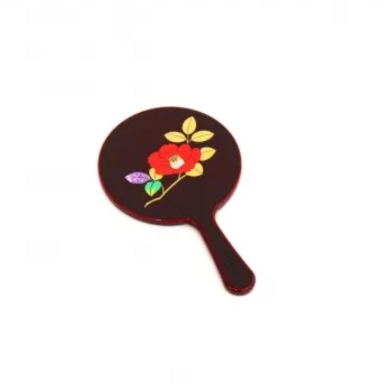 Authentic Japanese red lacquer hand mirror with hand-painted camellia flower design and elegant handle