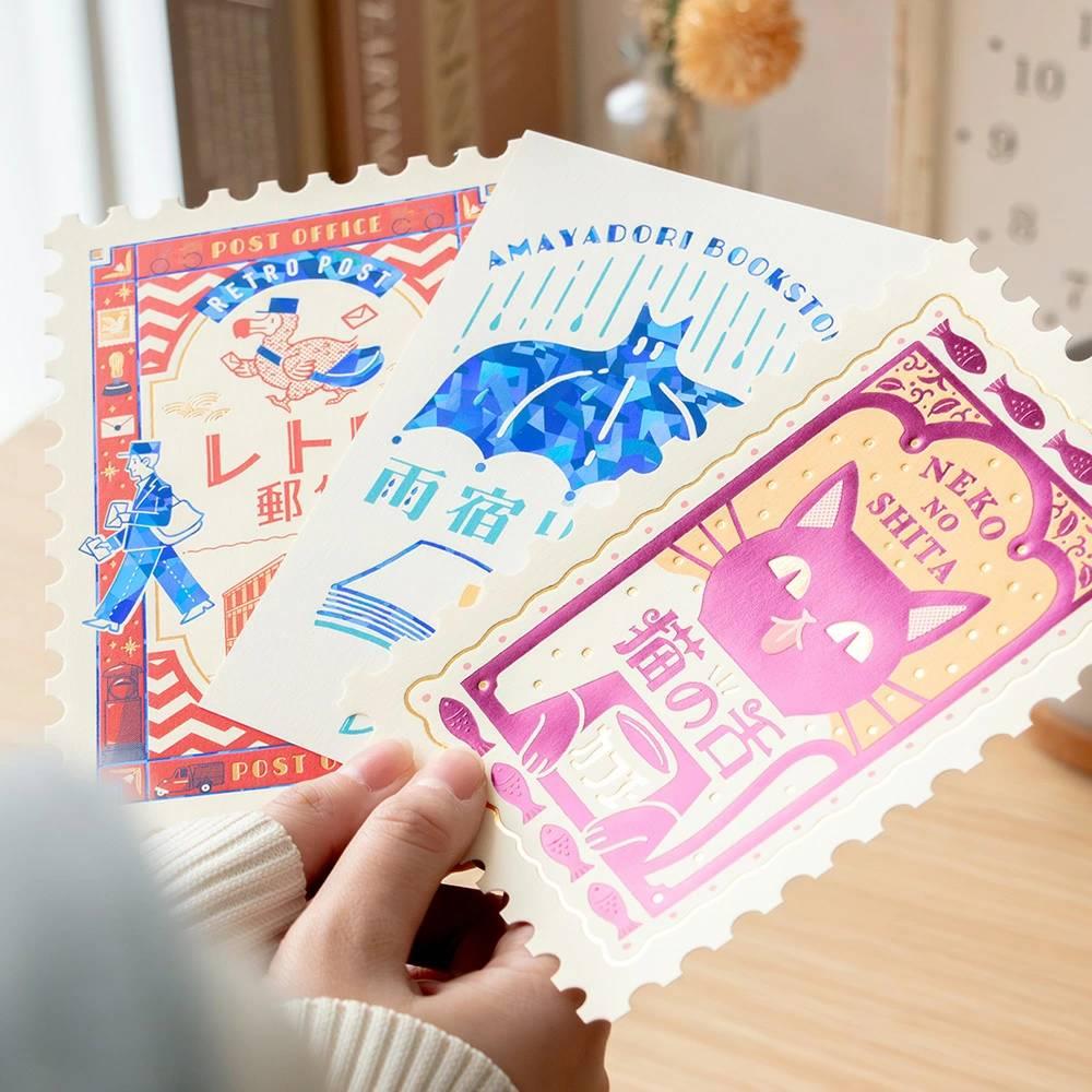 Retro Postage Stamp Shaped Foil Postcard with Vintage Office Design