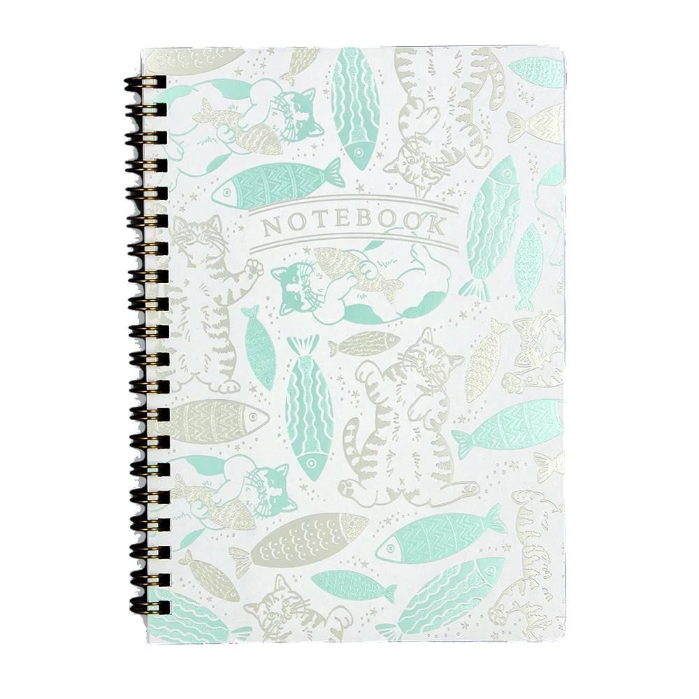 Rokkaku B6 Grid Notebook: Foil-Stamped Cute Cat & Fish Design, 140 Pages