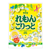 Sakuma Crunchy Lemon Milk Candy 58g bag featuring yellow lemon and white milk splash design with individually wrapped candies.
