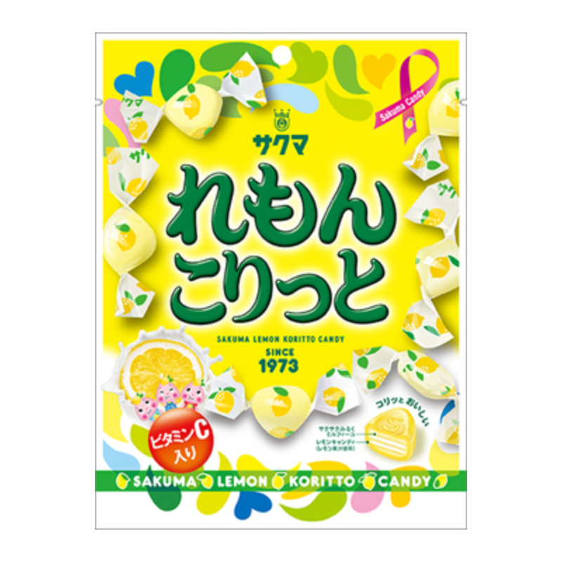 Sakuma Crunchy Lemon Milk Candy 58g bag featuring yellow lemon and white milk splash design with individually wrapped candies.