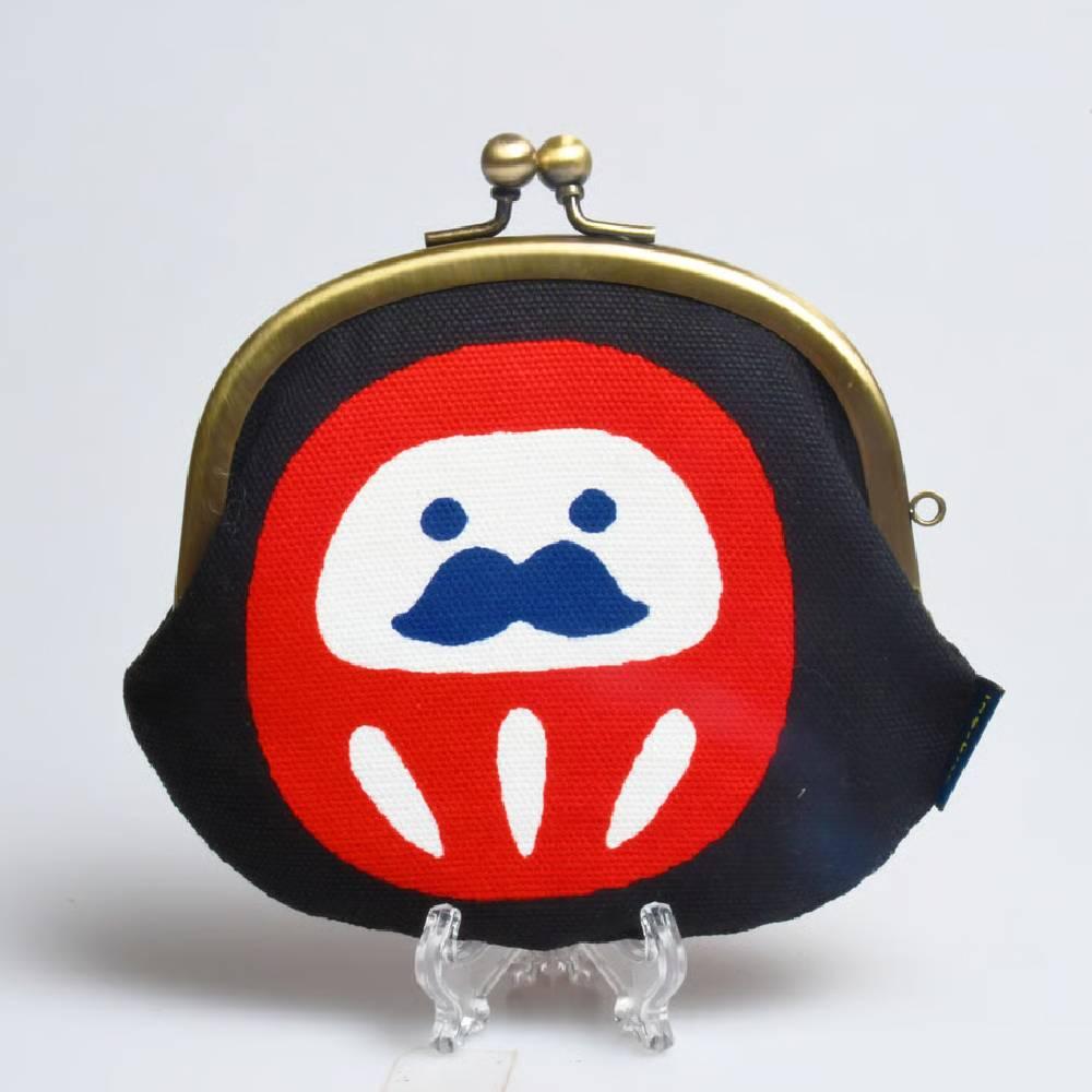 Handmade black cotton Daruma clasp purse with traditional metal frame and authentic Japanese embroidery