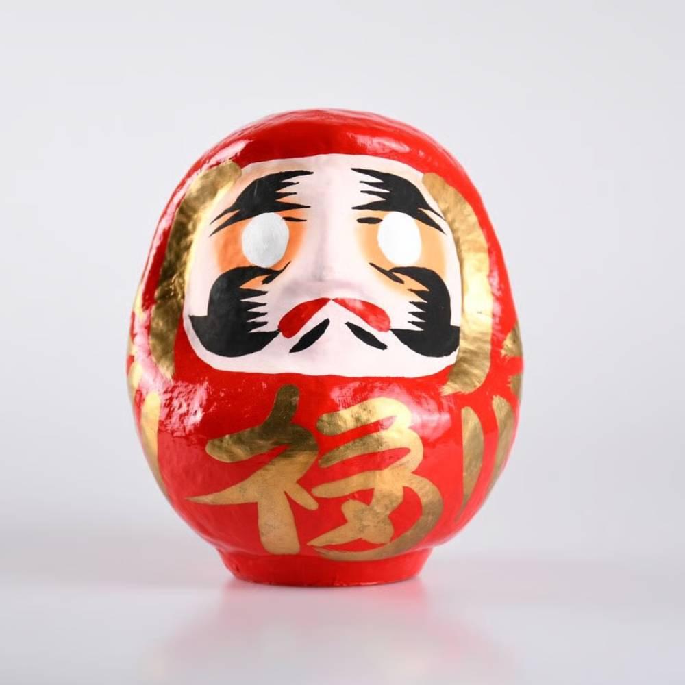 17cm traditional red Shirakawa Daruma doll with hand-painted crane eyebrows and turtle beard