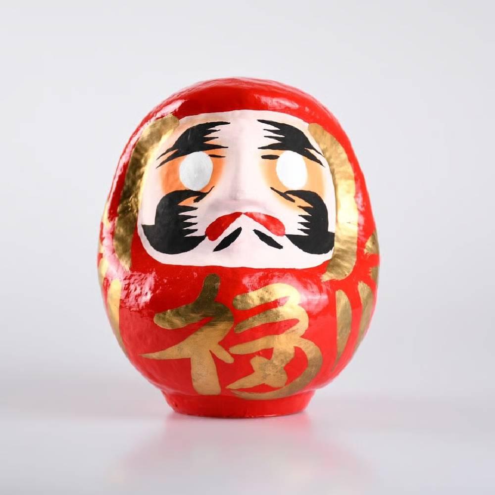 Hand-painted Red Shirakawa Daruma doll 12cm with traditional crane and turtle facial features
