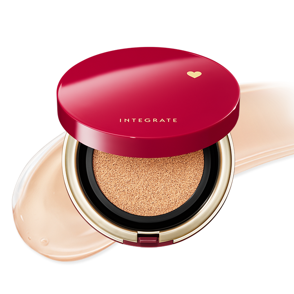 Shiseido Integrate Pro Finish Cushion Foundation in a stylish red and black compact showing the applicator puff and foundation sponge.