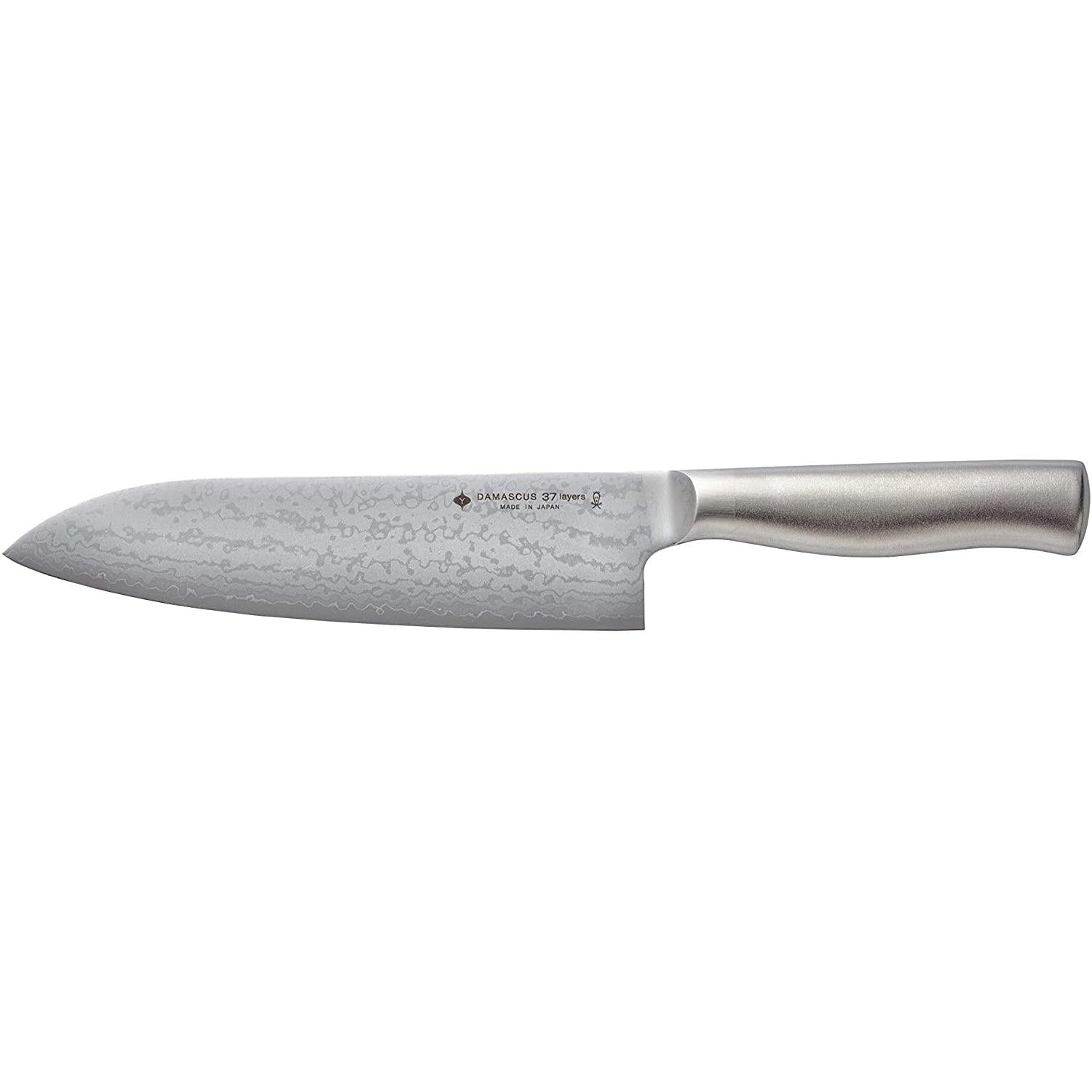 Sori Yanagi 18cm Damascus VG-10 Santoku Knife with signature rippled blade pattern and ergonomic stainless steel handle