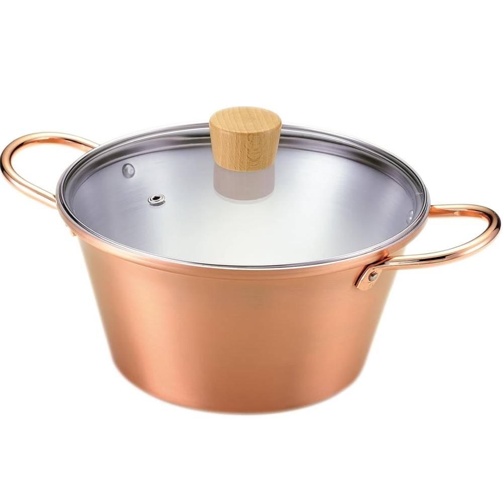 Handcrafted Tanabe 15cm copper stew pot with brass handles and matching lid, made in Japan