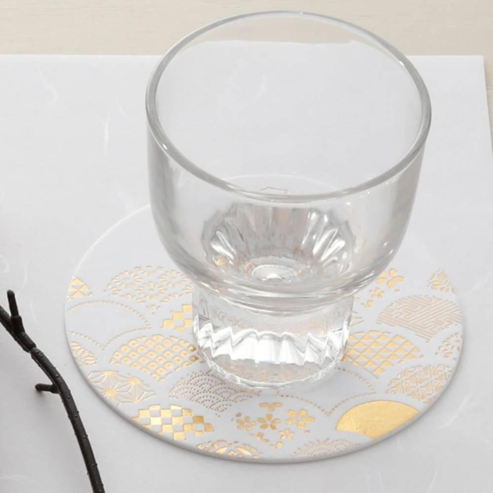 Elegant Gold Foil Thick Paper Coasters – Seigaha Wave 3‑Pack