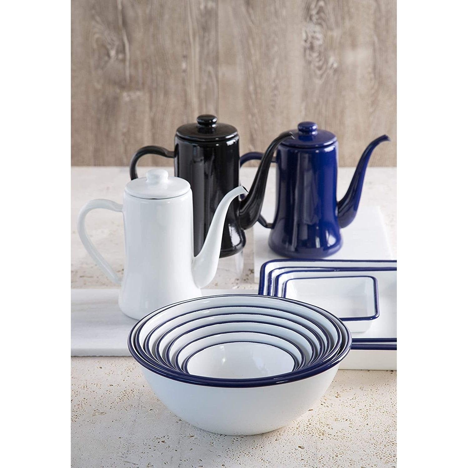 Tsuki Usagi White Enamel Bowl With Navy Blue Detailing – Elegant Japanese Kitchenware Set
