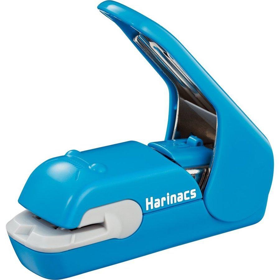 Kokuyo Harinacs Press Needleless Stapler in blue showing the pressure-bonding mechanism