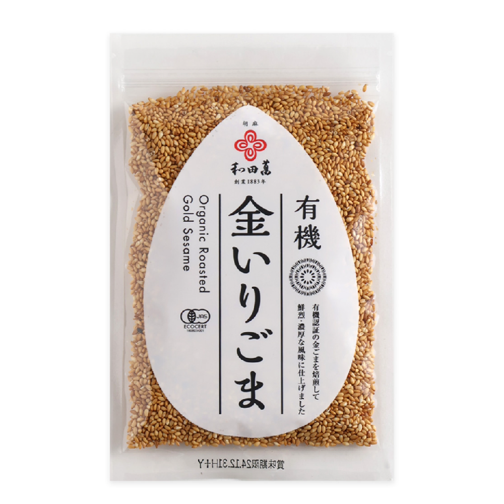 Wadaman Organic Roasted Golden Sesame Seeds 50g package showing golden-hued seeds
