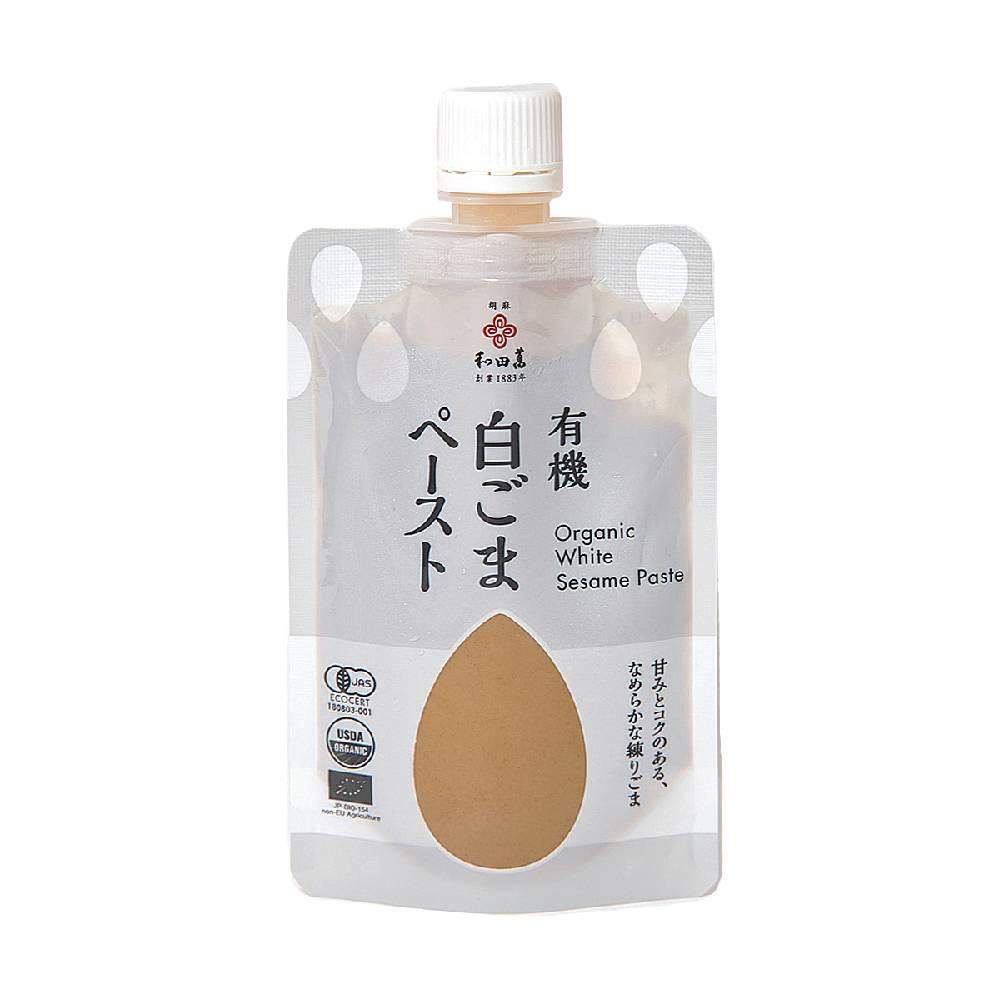 Wadaman Organic White Sesame Paste 80g glass jar showing smooth creamy texture and traditional Japanese branding