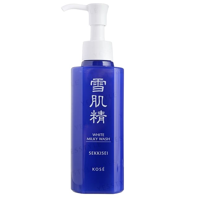 Kose Sekkisei White Milky Wash bottle on a clean, white surface, highlighting its smooth texture and elegant packaging.