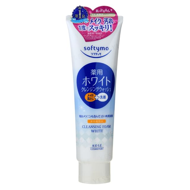 Kose Softymo White Cleansing Foam - Close-up of the texture and packaging, showing brightening benefits.