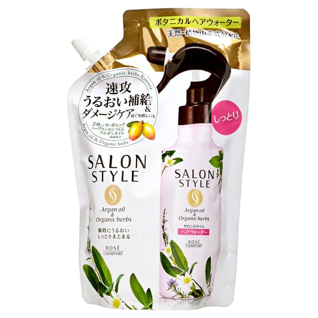 Kose Salon Style Argan Oil & Organic Herbs Hair Water Moist bottle on a white background, showcasing its natural ingredients and sleek design.
