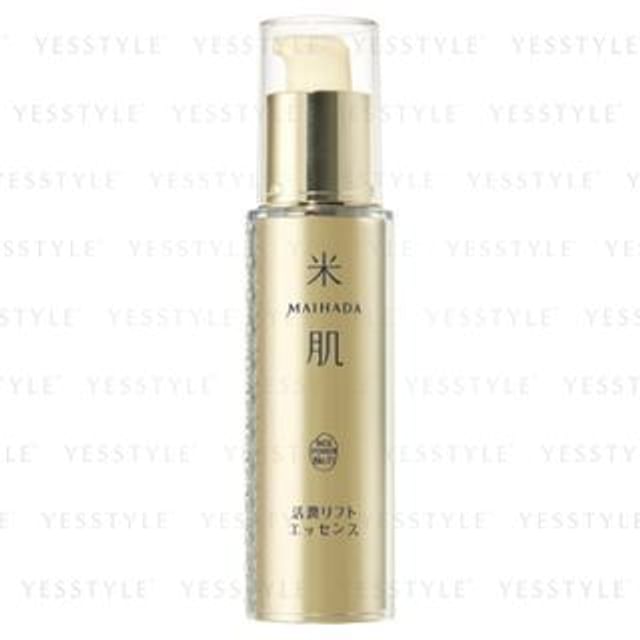 Kose Maihada Katsujun Activated Lift Essence bottle with rice grains in background, showcasing anti-aging and hydrating benefits.