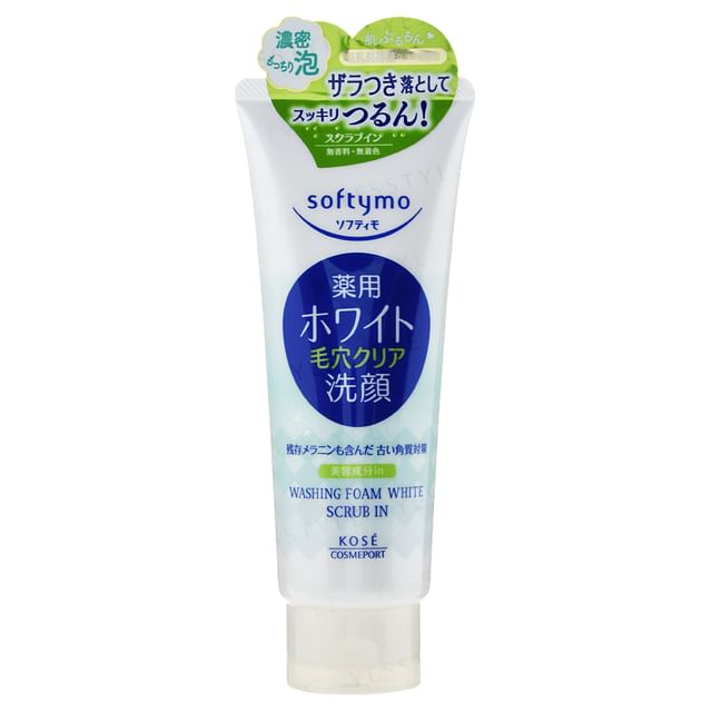Kose Softymo Washing Foam White Scrub In - Cleansing foam with micro-scrub particles for bright, clear skin.