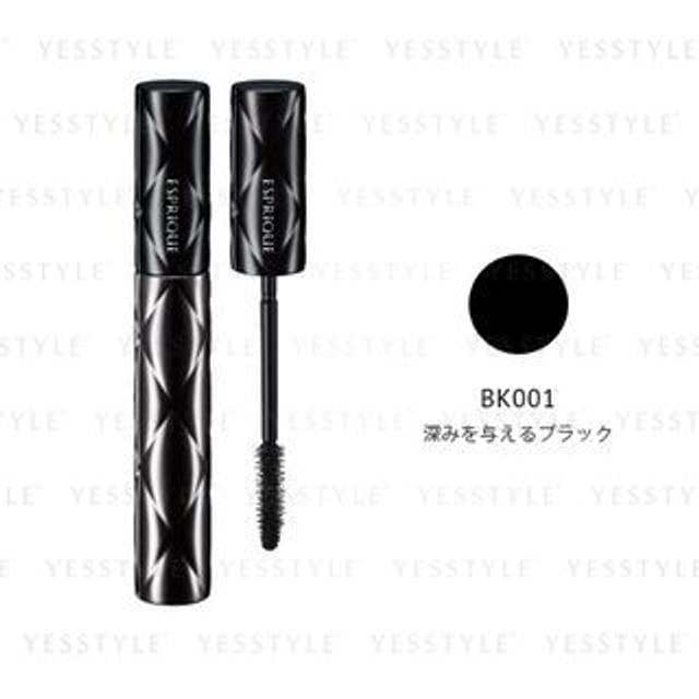 Kose Esprique Full Impression Mascara Waterproof tube and application, showcasing volumized and lengthened lashes.