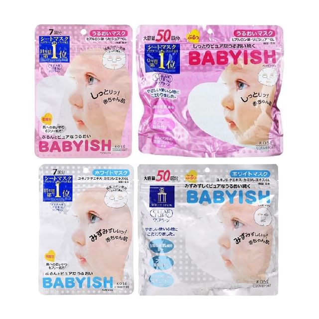Kose Clear Turn Babyish Mask - Close-up of the sheet mask showcasing its hydrating texture.