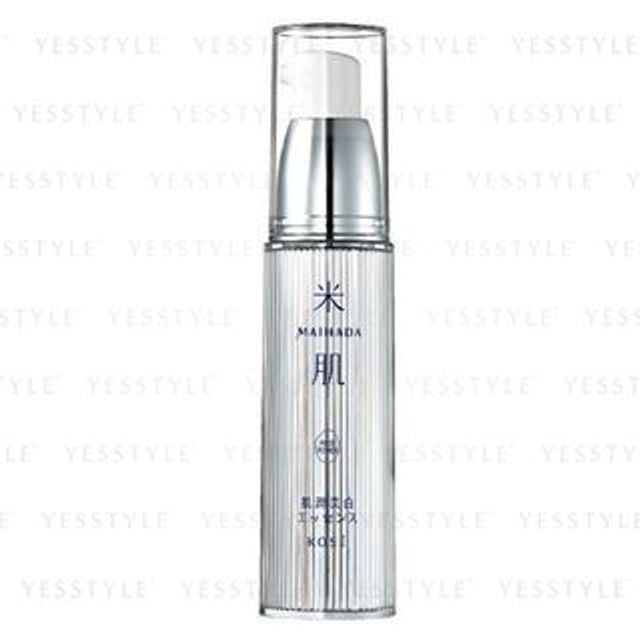 Kose Maihada Skin Moisturizing Essence bottle with rice grains and a radiant skin close-up.