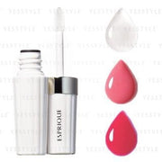 Kose Esprique Lip Treatment Liquid, close-up of applicator and product texture, showcasing color range and shine.