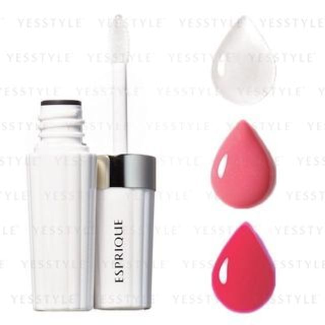 Kose Esprique Lip Treatment Liquid, close-up of applicator and product texture, showcasing color range and shine.