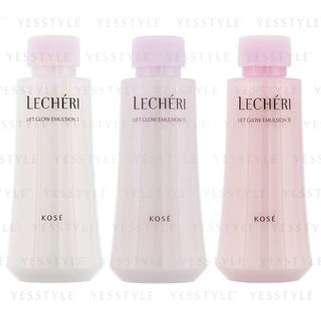 Kose Lecheri Lift Glow Emulsion bottle with a radiant, healthy complexion in the background.