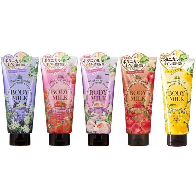 Kose Precious Garden Body Milk bottle showcasing the product and fragrance variant.