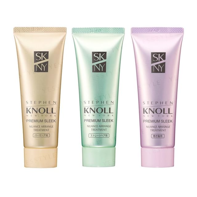 Kose Stephen Knoll Premium Sleek Nuance Arrange Treatment bottle showing smooth, shiny hair results.