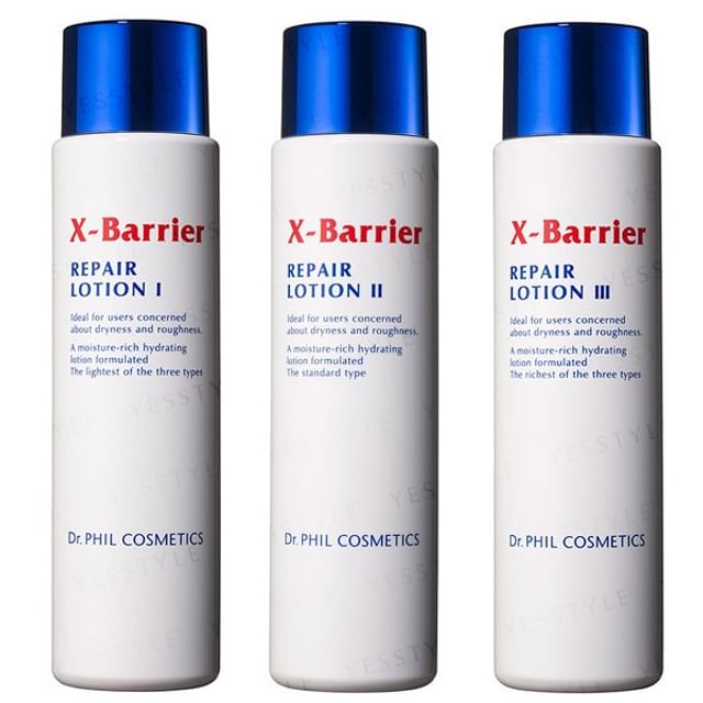 Kose Dr. PHIL Cosmetics X-Barrier Repair Lotion bottle with a focus on its soothing and restorative properties for sensitive skin.