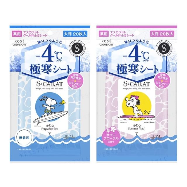 Kose Peanuts Snoopy S Carat Deodorant Cool Body Sheet packaging, showing Snoopy design and refreshing wipes.