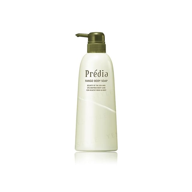 Kose Predia Fango Body Soap Na in white bottle with creamy lather on hand.