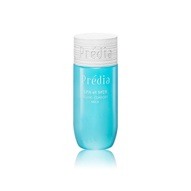 Kose Predia Spa et Mer Blanc Confort Milk bottle and texture swatch.
