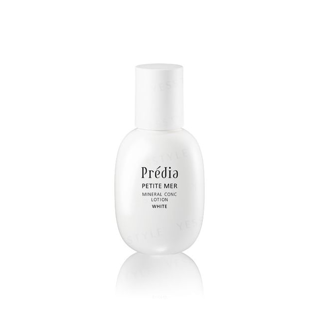 Kose Predia Petite Mer Mineral Conc Lotion White bottle on a reflective surface.