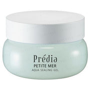 Kose Predia Petite Mer Aqua Sealing Gel jar and close-up of the gel texture, showcasing its refreshing and hydrating qualities.
